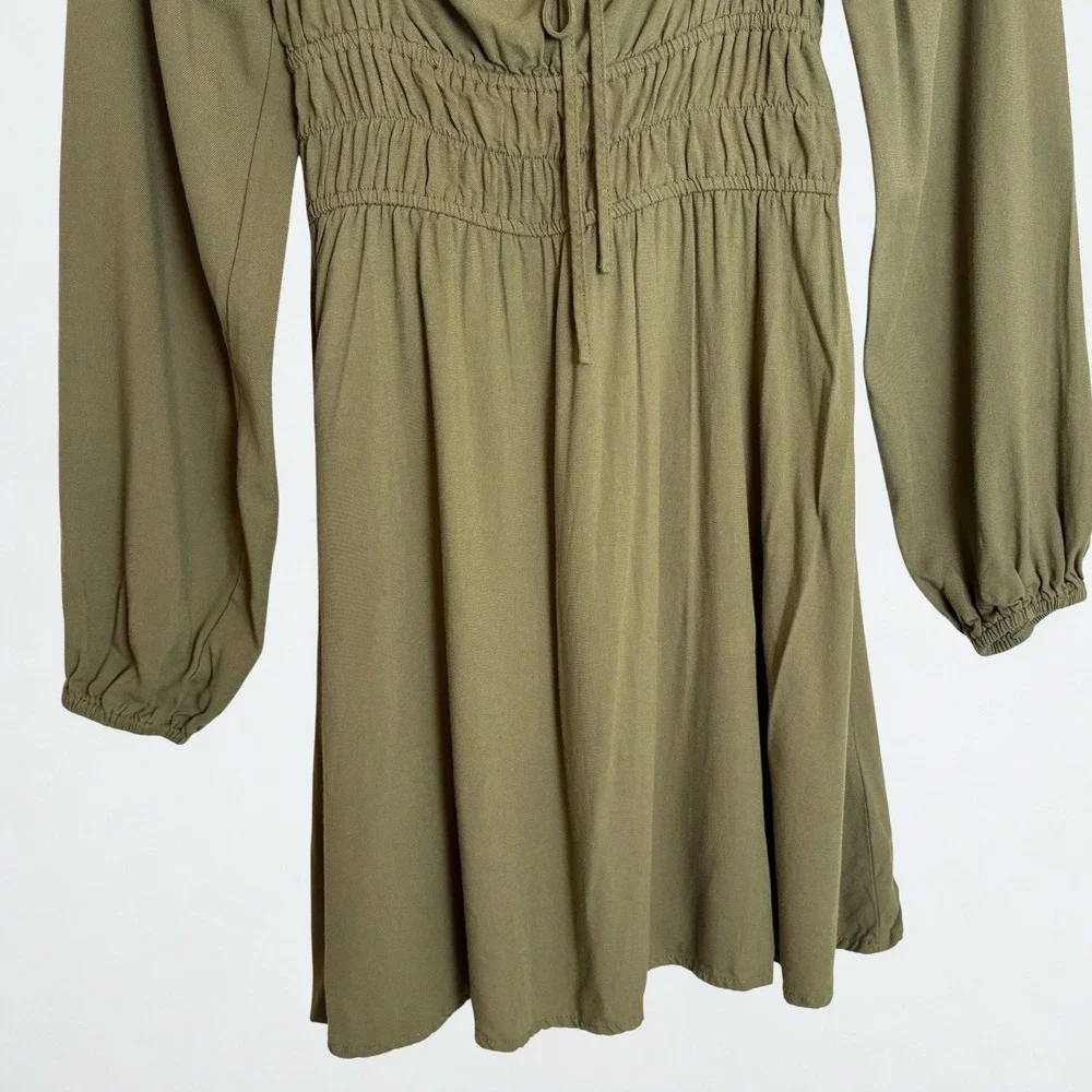 Cottage Core Mini Dress Size Small Smocked Green/Olive FairyCore Long Sleeve - Picture 6 of 9